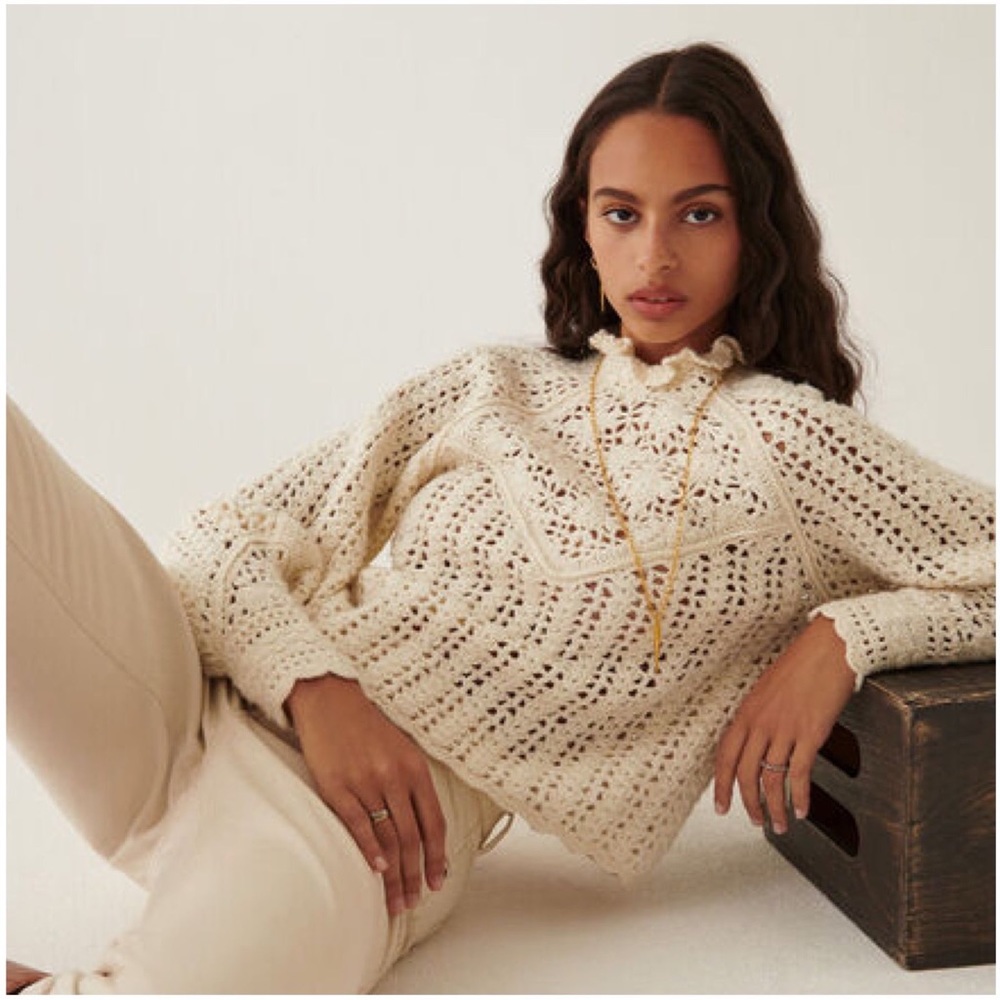 ba&sh Cream Crochet Open-Knit Long Sleeve Sweater - Picture 3 of 11